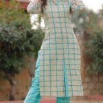Delicate Cotton Checks Printed Calf Length Kurti Pant Set